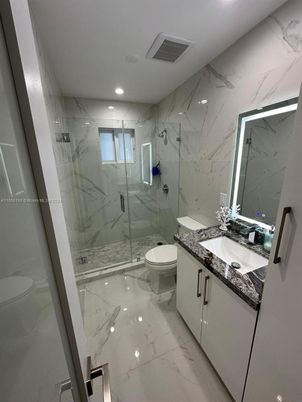 Bathroom, Glass Shower, Interior, Marble, Marble Walls, Recessed Lighting