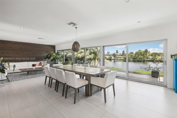 Dining room, Interior, Living room, Pendant Lights, Recessed Lighting, Water, Wooden Walls