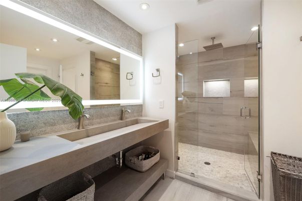Bathroom, Glass Shower, Interior, Recessed Lighting, Wood Texture Flooring