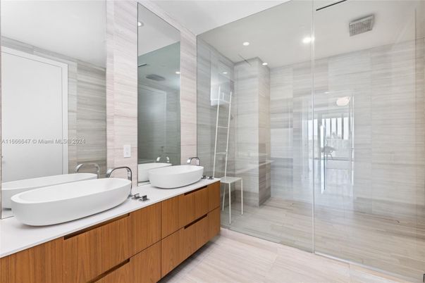 Bathroom, Dual Sink Vanities, Glass Shower, Interior, Recessed Lighting