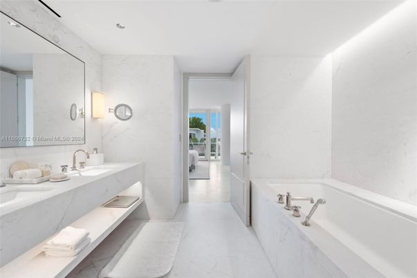 Bathroom, Dual Sink Vanities, Interior, Marble, Marble Walls, Recessed Lighting