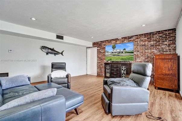 Interior, Living room, Recessed Lighting, Stone Walls, Wood Texture Flooring