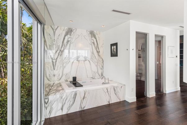 Bathroom, Interior, Marble, Marble Walls, Recessed Lighting, Wood Texture Flooring