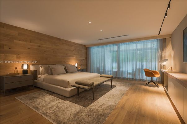 Bedroom, Interior, Recessed Lighting, Wood Texture Flooring, Wooden Walls