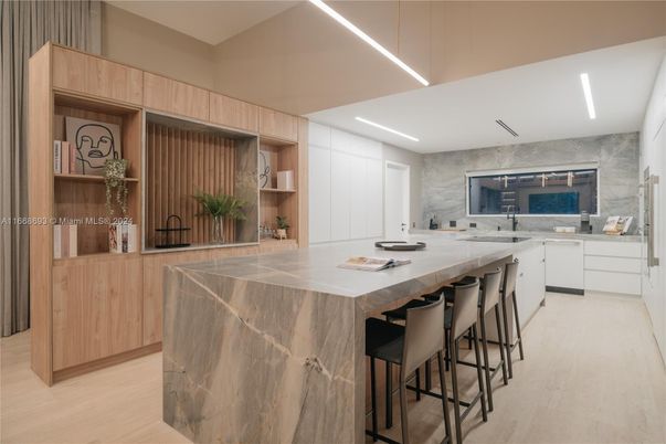 Interior, Kitchen, Marble Walls, Recessed Lighting, Wood Texture Flooring