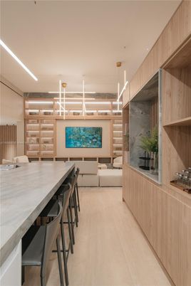 Dining room, Interior, Living room, Pendant Lights, Recessed Lighting, Wood Texture Flooring