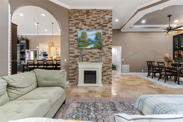 Dining room, Fireplace, Interior, Kitchen, Living room, Pendant Lights, Recessed Lighting, Stone Walls