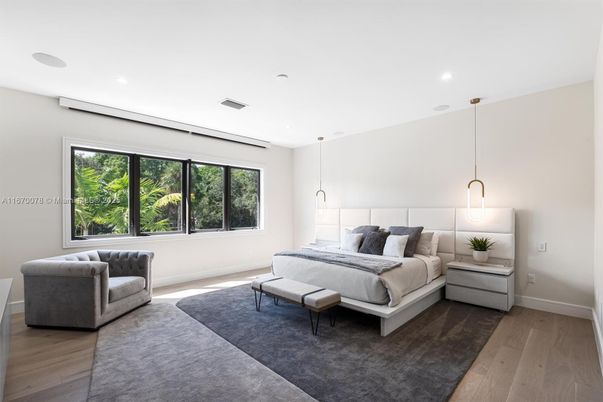 Bedroom, Interior, Pendant Lights, Recessed Lighting, Wood Texture Flooring