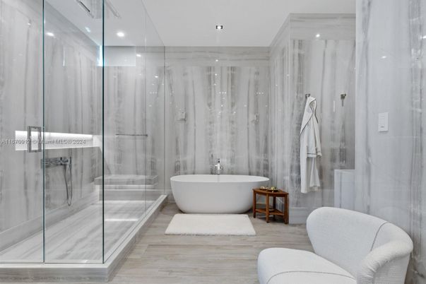 Bathroom, Free Standing Baths, Glass Shower, Interior, Recessed Lighting, Wood Texture Flooring