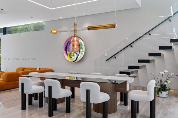 Dining room, Interior, Pendant Lights, Recessed Lighting, Wood Texture Flooring