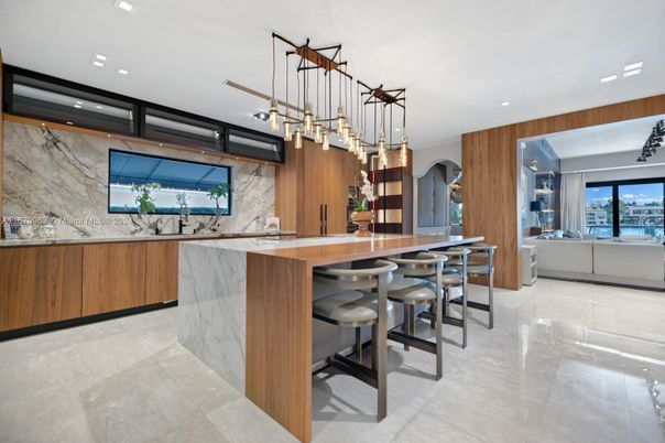 Interior, Kitchen, Marble Walls, Pendant Lights, Recessed Lighting
