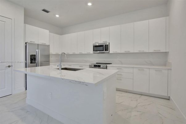 Interior, Kitchen, Marble, Recessed Lighting, Stainless Steel Appliances