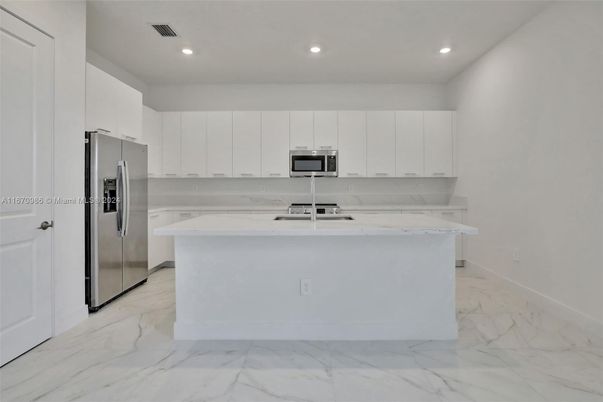 Interior, Kitchen, Marble, Recessed Lighting, Stainless Steel Appliances