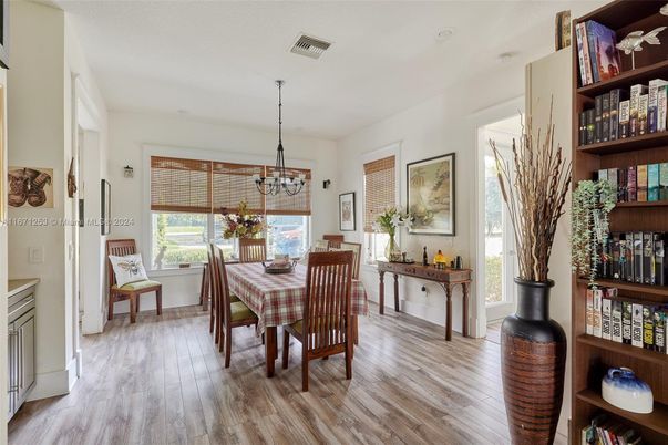 Dining room, Interior, Pendant Lights, Wood Texture Flooring