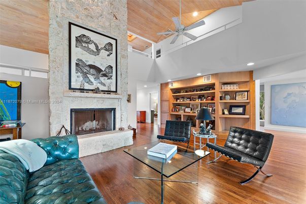Fireplace, Interior, Living room, Recessed Lighting, Wooden Ceilings, Wood Texture Flooring