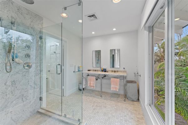 Bathroom, Glass Shower, Interior, Marble Walls, Recessed Lighting