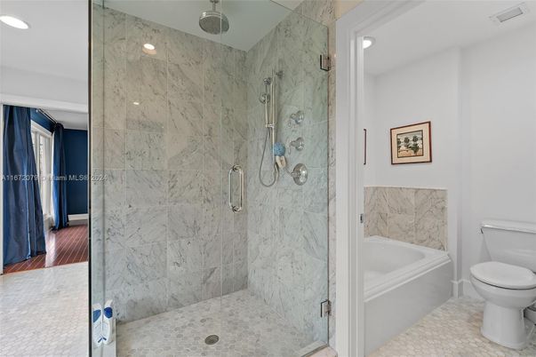 Bathroom, Glass Shower, Interior, Marble Walls, Recessed Lighting, Wood Texture Flooring