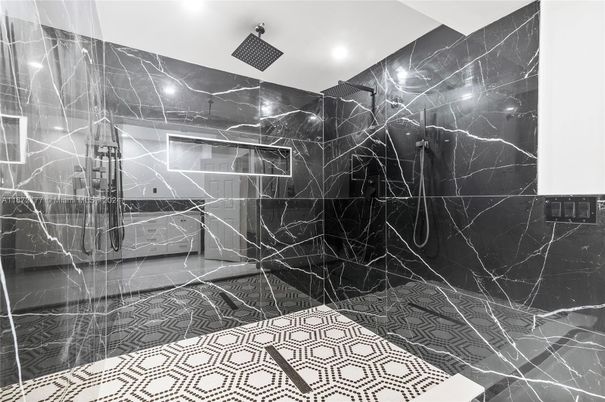 Bathroom, Glass Shower, Interior, Marble Walls, Recessed Lighting