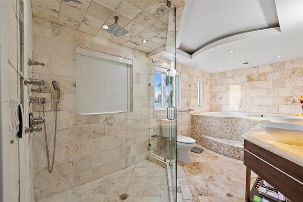 Bathroom, Glass Shower, Interior, Recessed Lighting, Stone Walls