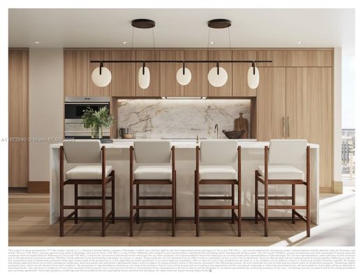 Interior, Kitchen, Marble Walls, Pendant Lights, Recessed Lighting, Wood Texture Flooring