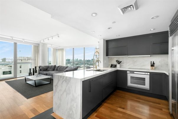 Interior, Kitchen, Living room, Marble Walls, Recessed Lighting, Wood Texture Flooring