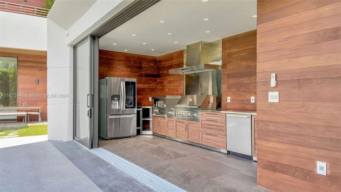 Interior, Kitchen, Recessed Lighting, Stainless Steel Appliances, Wooden Walls
