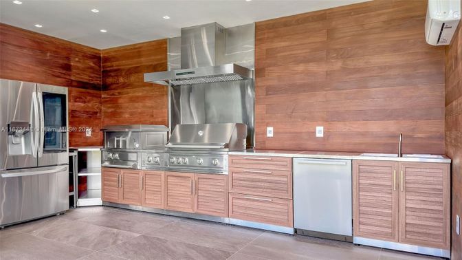 Interior, Kitchen, Recessed Lighting, Stainless Steel Appliances, Wooden Walls
