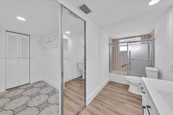 Bathroom, Glass Shower, Interior, Recessed Lighting, Wood Texture Flooring