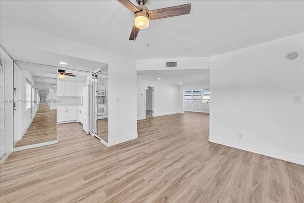Empty room, Interior, Kitchen, Recessed Lighting, Wood Texture Flooring