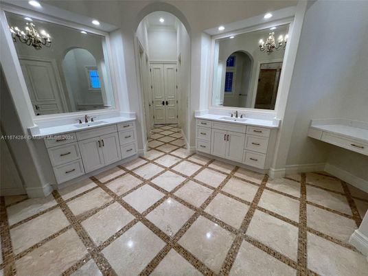 Bathroom, Chandelier, Dual Sink Vanities, Interior, Recessed Lighting