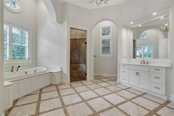Bathroom, Chandelier, Dual Sink Vanities, Interior, Recessed Lighting