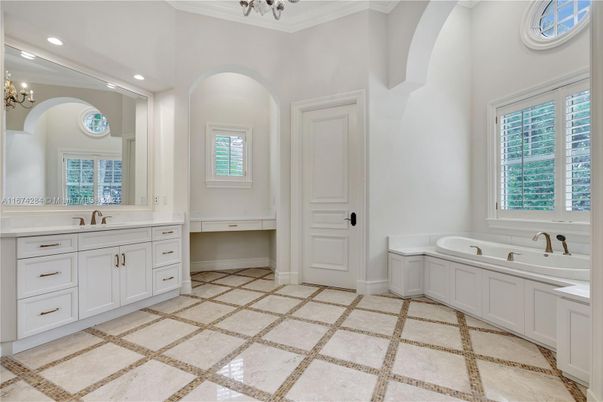 Bathroom, Chandelier, Dual Sink Vanities, Interior, Recessed Lighting