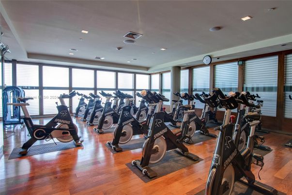 Fitness Equipment, Gym, Interior, Recessed Lighting, Wood Texture Flooring