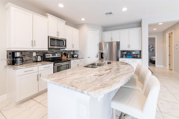 Interior, Kitchen, Marble, Recessed Lighting, Stainless Steel Appliances