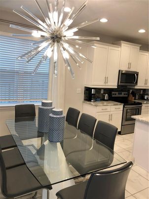 Dining room, Interior, Kitchen, Marble, Pendant Lights, Recessed Lighting, Stainless Steel Appliances