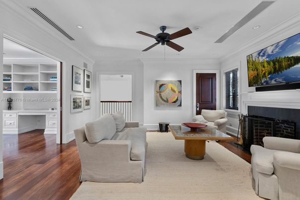 Fireplace, Interior, Living room, Recessed Lighting, Wood Texture Flooring