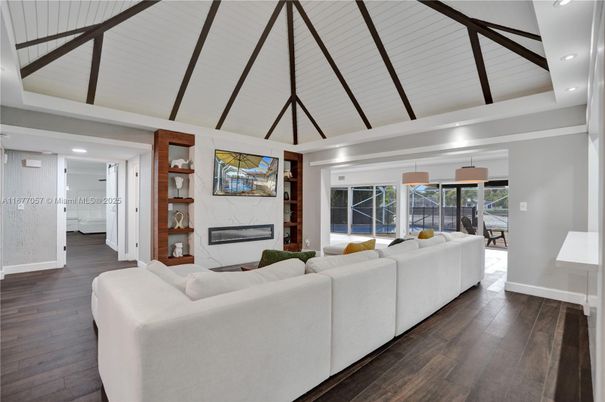 Fireplace, Interior, Living room, Recessed Lighting, Wood Texture Flooring