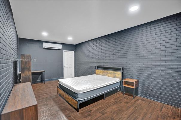 Bedroom, Interior, Recessed Lighting, Stone Walls, Wood Texture Flooring