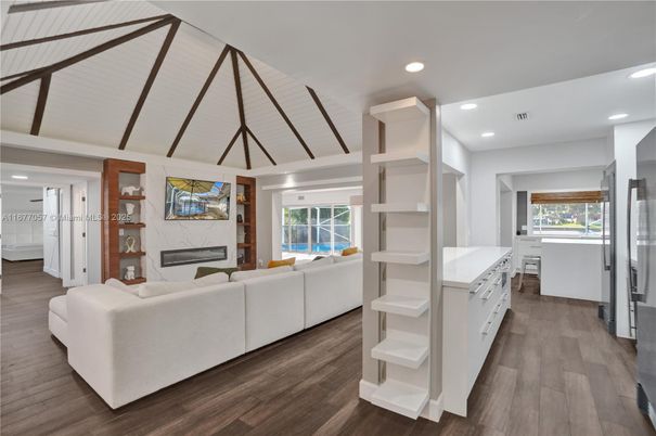 Fireplace, Interior, Living room, Recessed Lighting, Wood Texture Flooring
