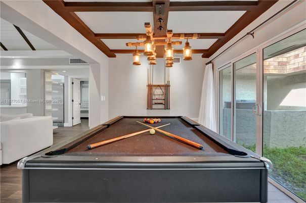 Billiard Table, Game Room, Interior, Pendant Lights, Wooden Beams