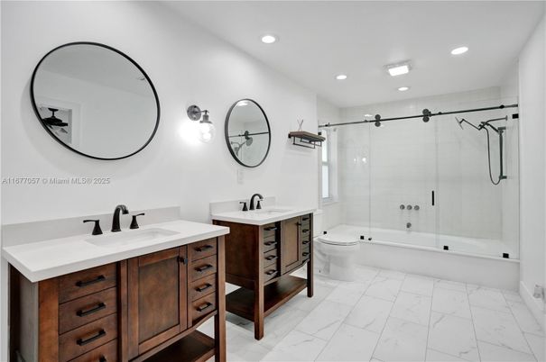 Bathroom, Dual Sink Vanities, Glass Shower, Interior, Marble, Recessed Lighting