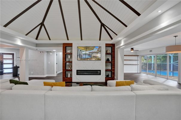 Fireplace, Interior, Living room, Pendant Lights, Recessed Lighting, Wood Texture Flooring