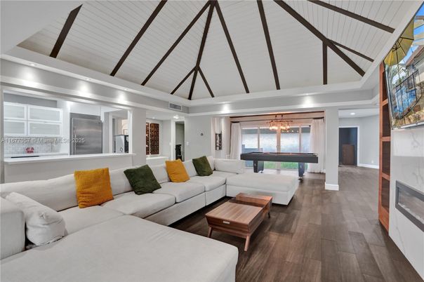Fireplace, Interior, Kitchen, Living room, Pendant Lights, Piano, Recessed Lighting, Wood Texture Flooring