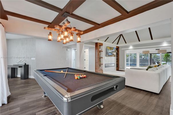 Billiard Table, Game Room, Interior, Living room, Pendant Lights, Wooden Beams, Wood Texture Flooring