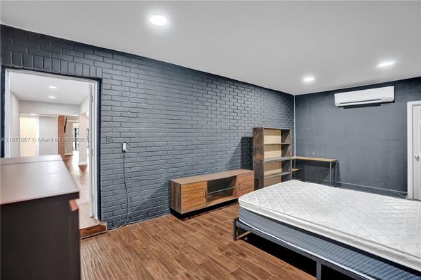 Bedroom, Interior, Recessed Lighting, Stone Walls, Wood Texture Flooring