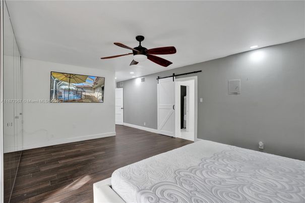 Bedroom, Empty room, Interior, Recessed Lighting, Wood Texture Flooring