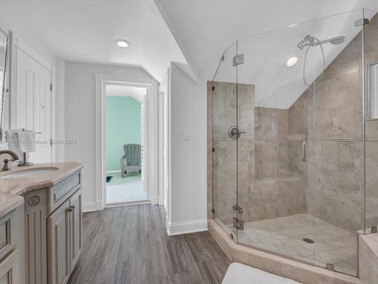 Bathroom, Glass Shower, Interior, Recessed Lighting, Wood Texture Flooring
