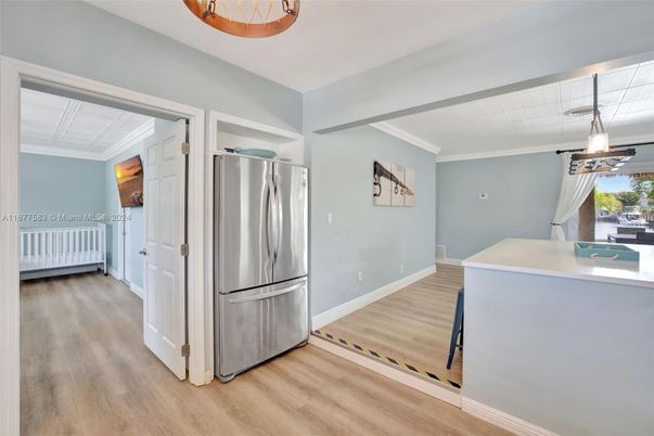 Interior, Kitchen, Pendant Lights, Stainless Steel Appliances, Wood Texture Flooring