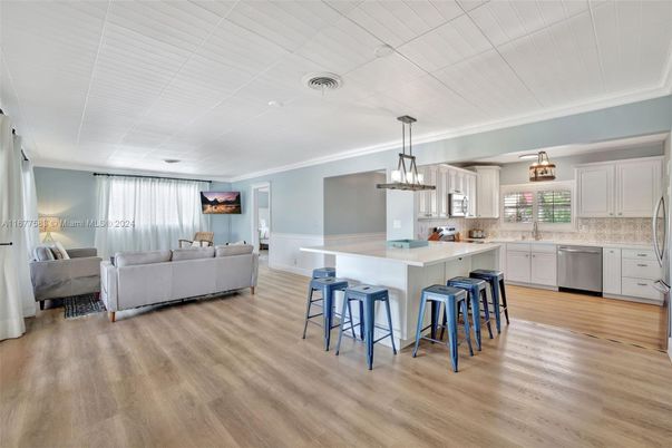 Interior, Kitchen, Living room, Pendant Lights, Stainless Steel Appliances, Wood Texture Flooring