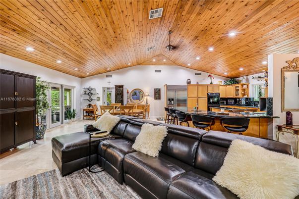 Dining room, Interior, Kitchen, Living room, Recessed Lighting, Wooden Ceilings